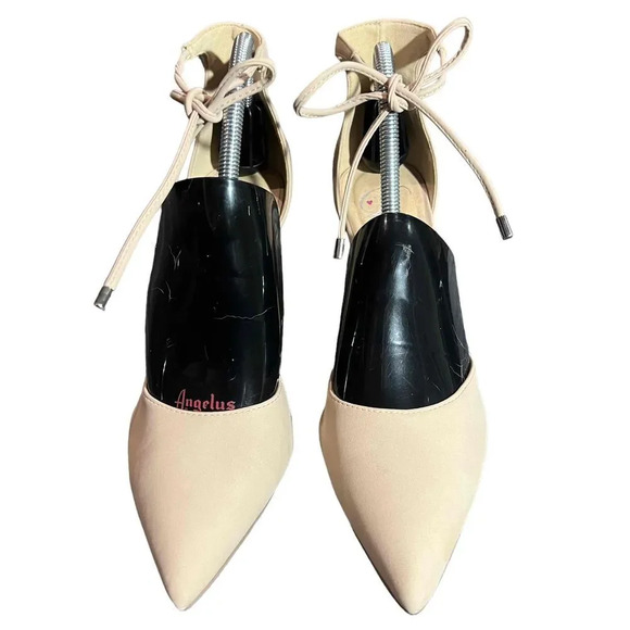 Beige Suede Block Heel Ankle Tie Pointed Toe Heels / Pumps Women's Size 10M - Picture 8 of 11
